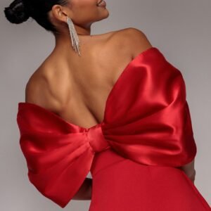 Goddiva Off Shoulder Back Satin Bow Scuba Mini Dress - Red