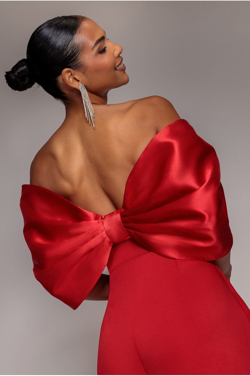Goddiva Off Shoulder Back Satin Bow Scuba Mini Dress – Red