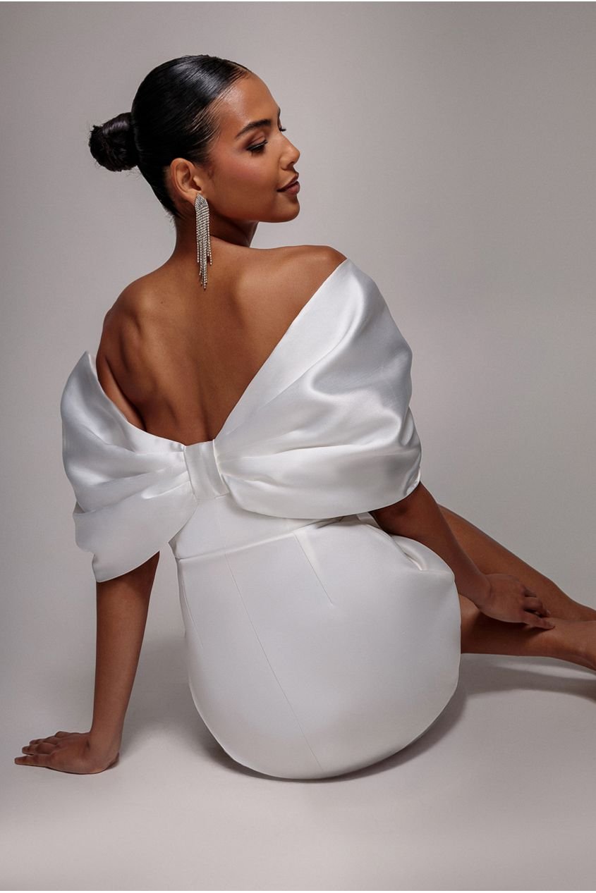 Goddiva Off Shoulder Back Satin Bow Scuba Mini Dress – White