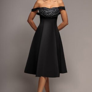 Goddiva Sparkle Chiffon Cowl Bardot Skater Midi Dress - Black
