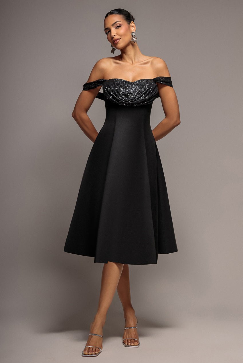 Goddiva Sparkle Chiffon Cowl Bardot Skater Midi Dress – Black