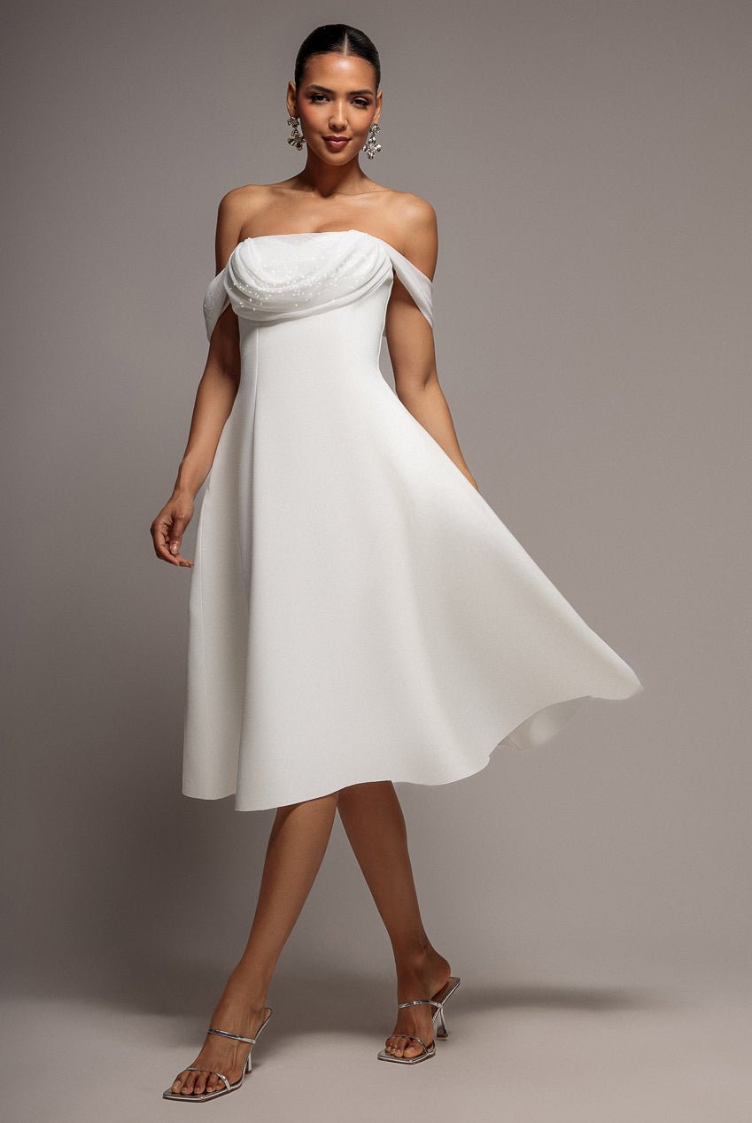 Goddiva Sparkle Chiffon Cowl Bardot Skater Midi Dress – Cream