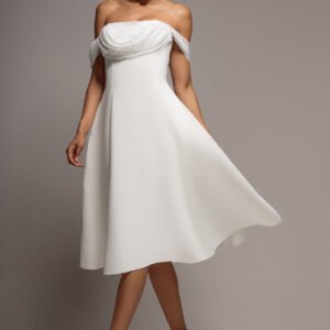 Goddiva Sparkle Chiffon Cowl Bardot Skater Midi Dress - Cream