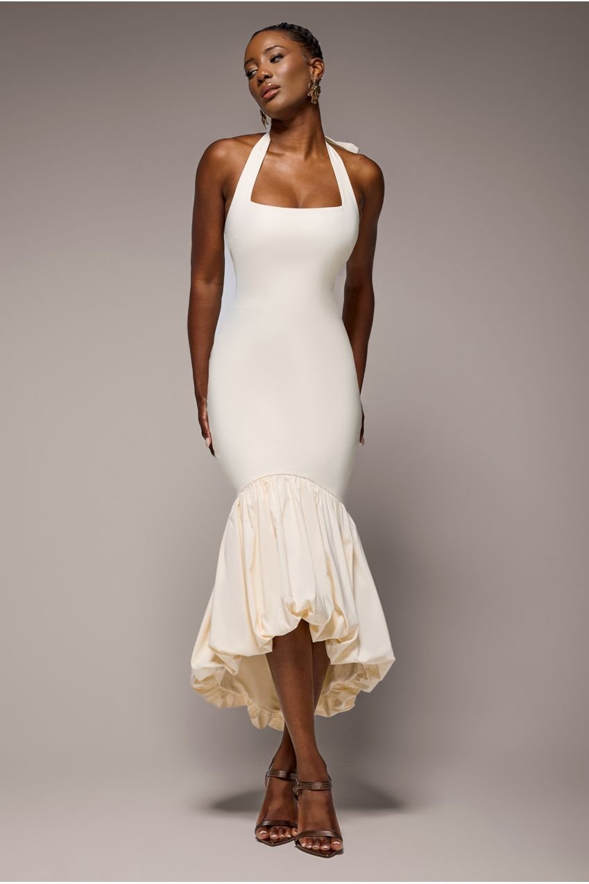 Goddiva Halter Neck Puff Hem Mermaid Midaxi Dress – Cream