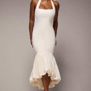 Goddiva Halter Neck Puff Hem Mermaid Midaxi Dress - Cream
