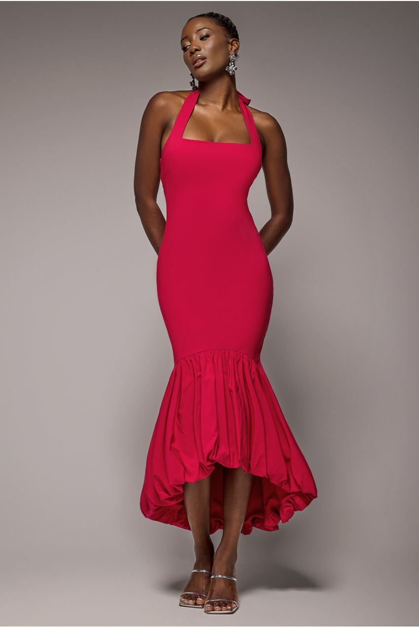 Goddiva Halter Neck Puff Hem Mermaid Midaxi Dress – Red
