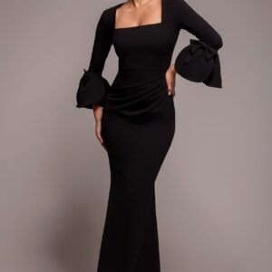 Goddiva Petal Bow Sleeve Frill Maxi Dress - Black