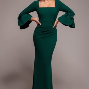 Goddiva Petal Bow Sleeve Frill Maxi Dress - Emerald Green