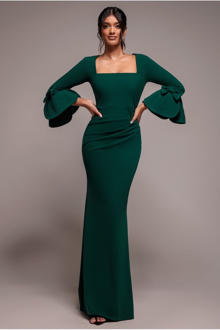 Goddiva Petal Bow Sleeve Frill Maxi Dress – Emerald Green