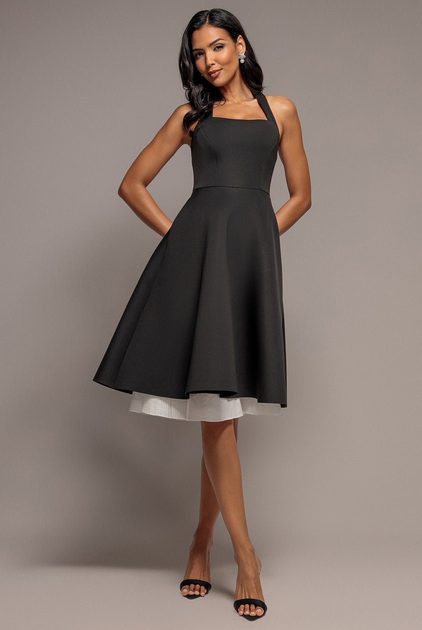 Goddiva Contrast Organza Frill Bow Back Halter Midi Dress – Black Cream