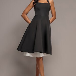 Goddiva Contrast Organza Frill Bow Back Halter Midi Dress - Black Cream