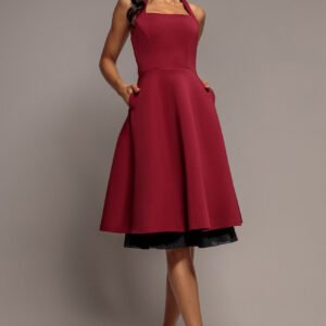 Goddiva Contrast Organza Frill Bow Back Halter Midi Dress - Burgundy Black