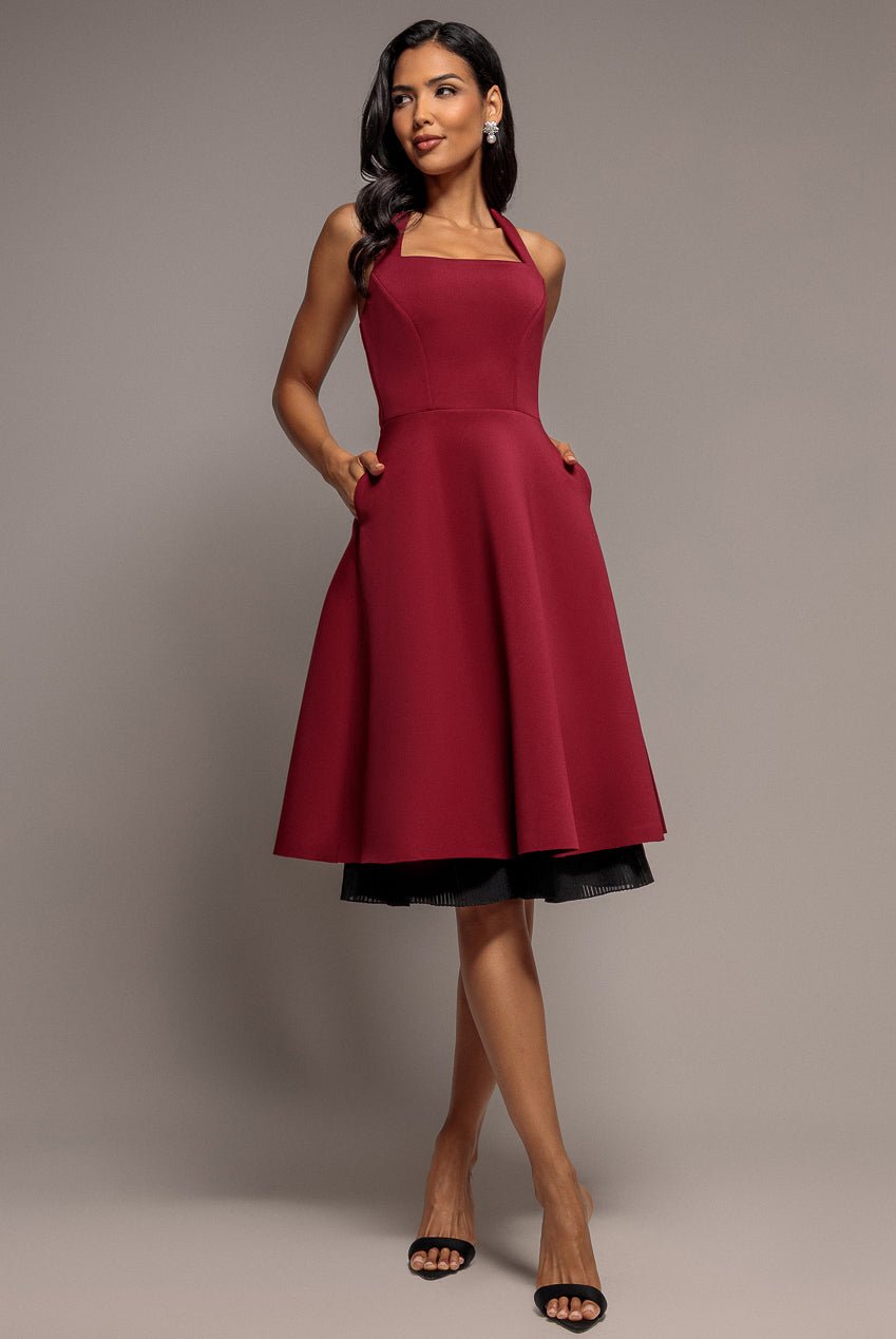 Goddiva Contrast Organza Frill Bow Back Halter Midi Dress – Burgundy Black