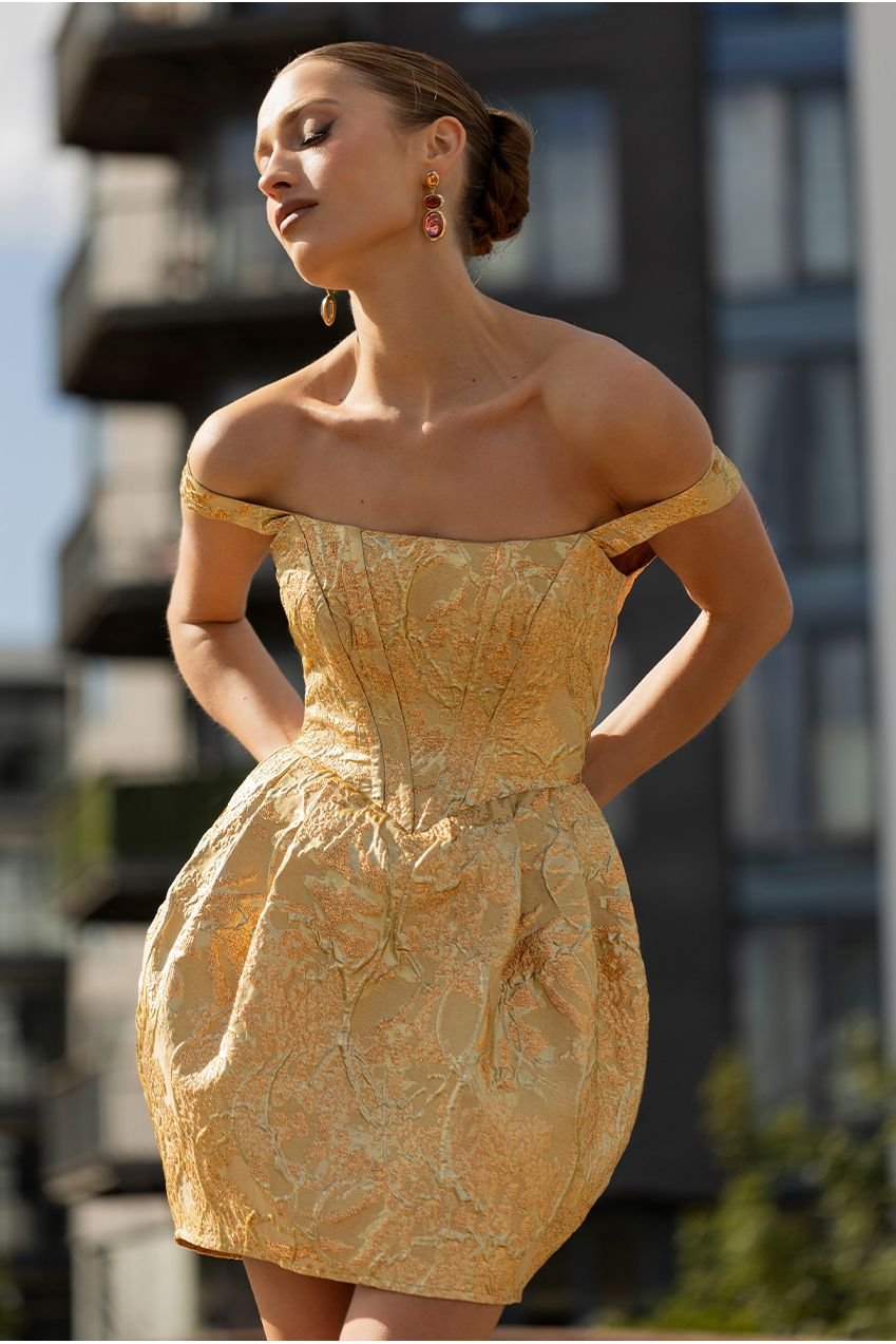 Goddiva Corset Balloon Skirt Lace Up Back Mini Dress – Gold
