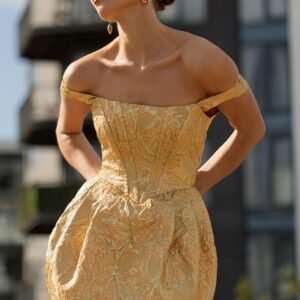 Goddiva Corset Balloon Skirt Lace Up Back Mini Dress - Gold