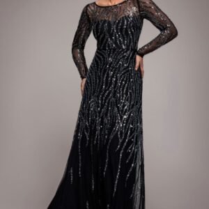 Goddiva Ombre Sequin Beaded Flared Long Sleeve Maxi Dress - Black