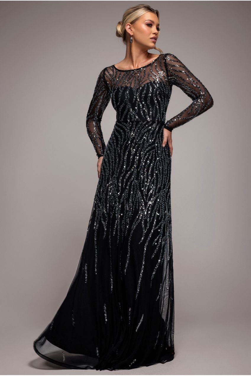 Goddiva Ombre Sequin Beaded Flared Long Sleeve Maxi Dress – Black
