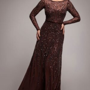 Goddiva Ombre Sequin Beaded Flared Long Sleeve Maxi Dress - Brown