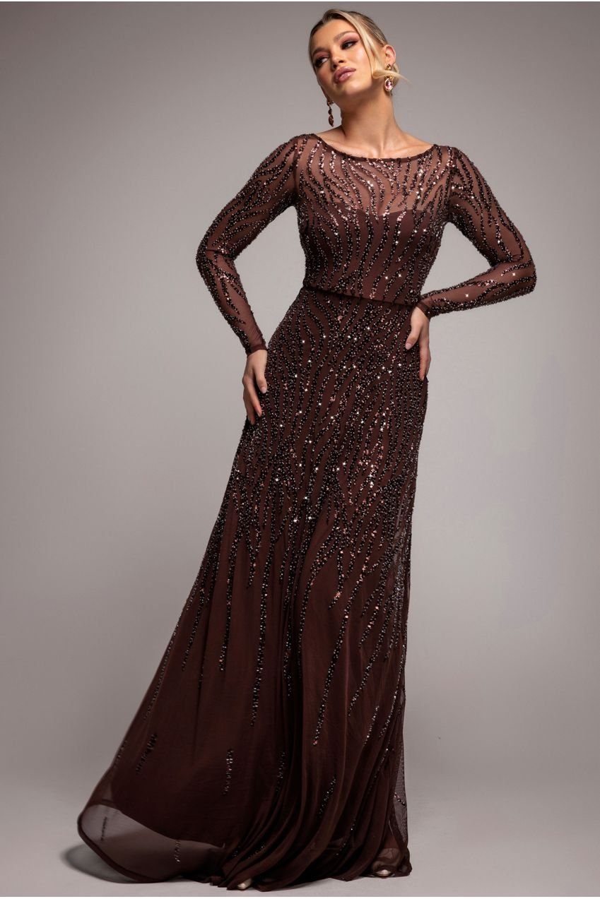 Goddiva Ombre Sequin Beaded Flared Long Sleeve Maxi Dress – Brown