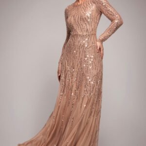 Goddiva Ombre Sequin Beaded Flared Long Sleeve Maxi Dress - Champagne