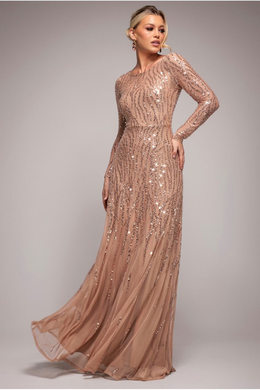 Goddiva Ombre Sequin Beaded Flared Long Sleeve Maxi Dress – Champagne