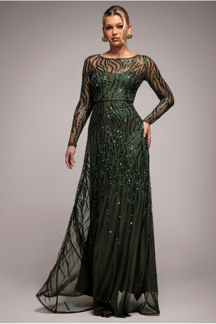 Goddiva Ombre Sequin Beaded Flared Long Sleeve Maxi Dress – Olive Green