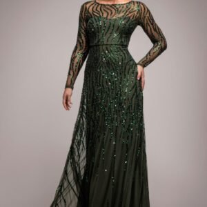 Goddiva Ombre Sequin Beaded Flared Long Sleeve Maxi Dress - Olive Green