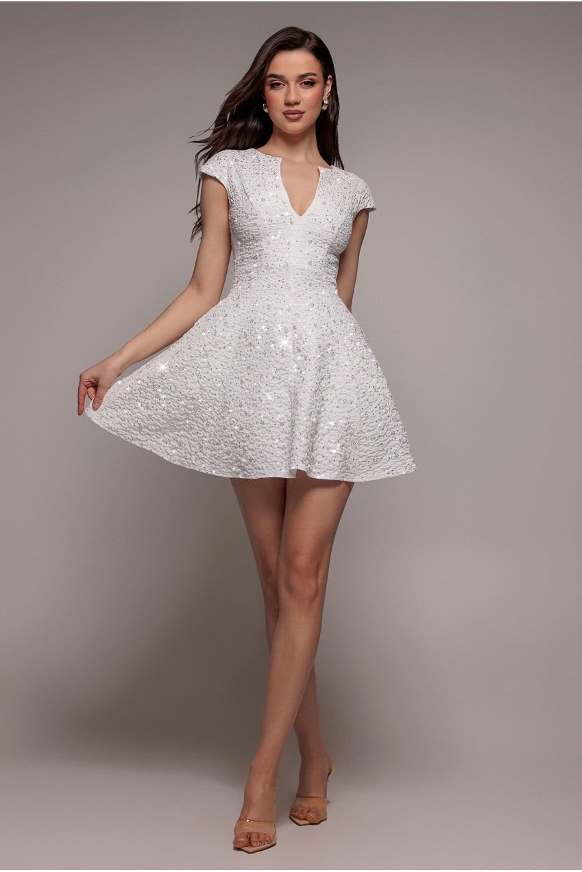 Goddiva Bead Embellished Jacquard Skater Mini Dress – White