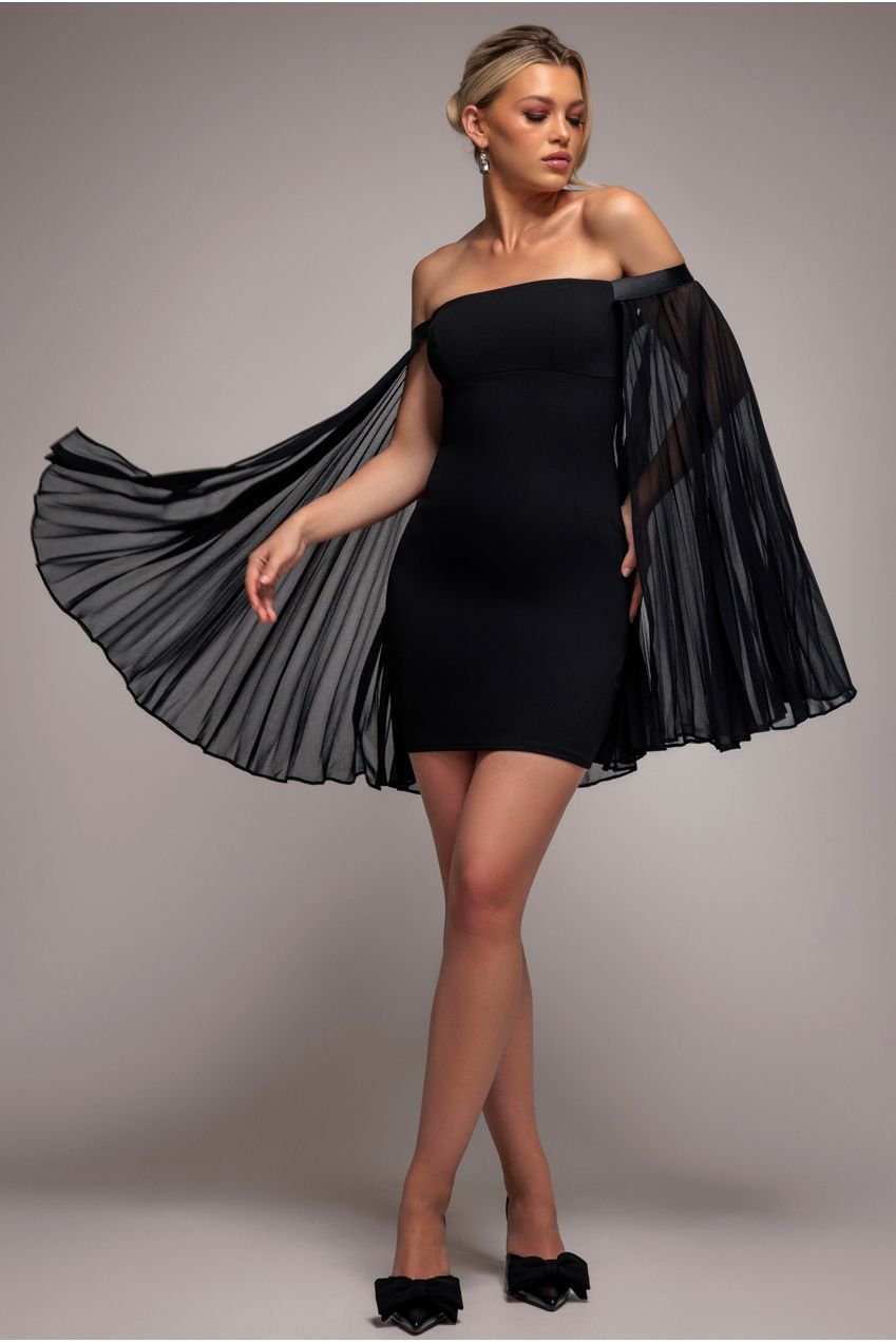 Goddiva Strapless Mini Dress With Pleated Chiffon Cape – Black