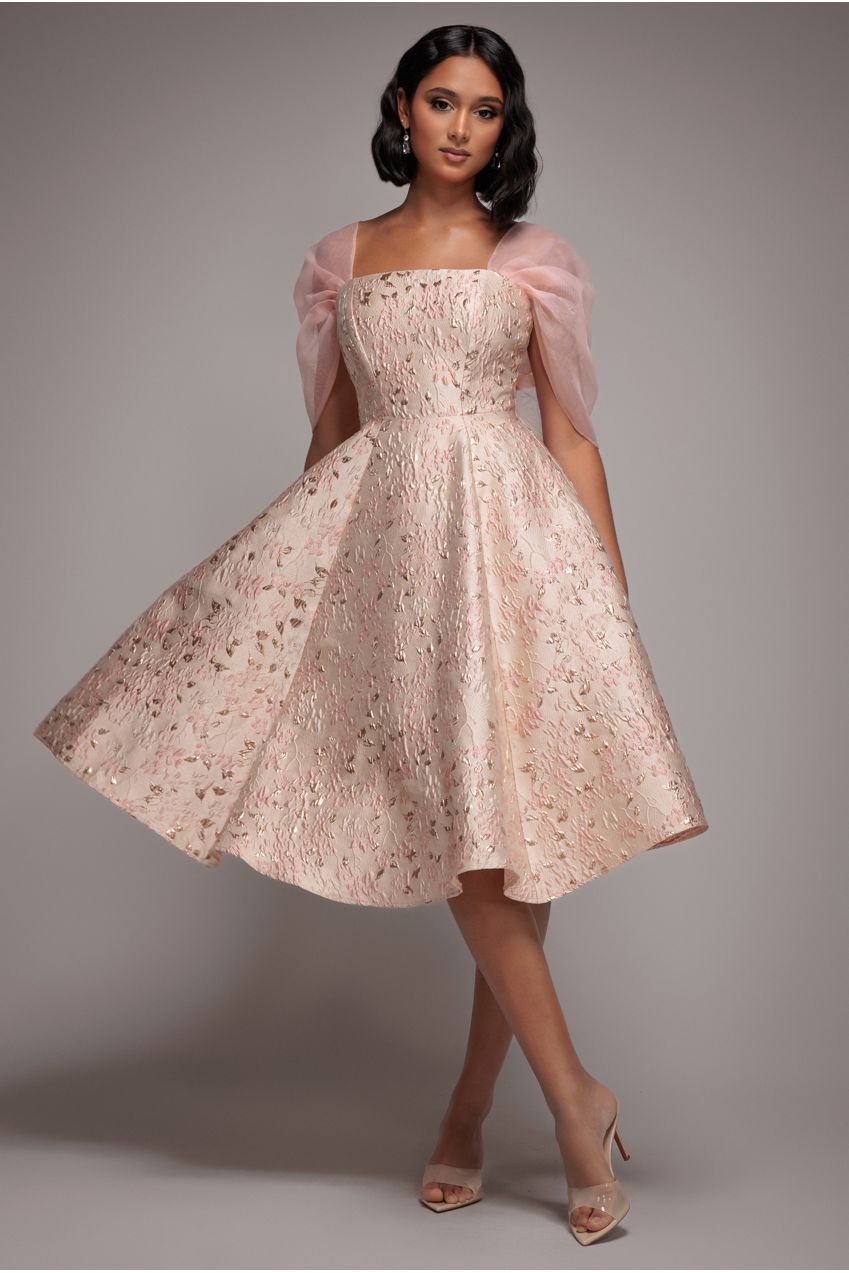 Goddiva Lace Up Jacquard Midi Dress With Organza Wings – Blush Pink