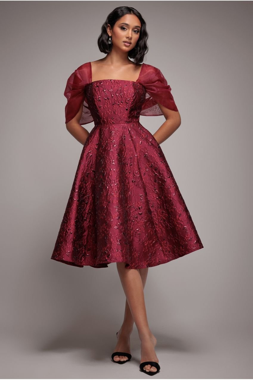 Goddiva Lace Up Jacquard Midi Dress With Organza Wings – Burgundy Red