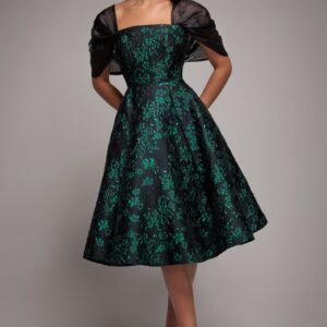 Goddiva Lace Up Jacquard Midi Dress With Organza Wings - Emerald Black