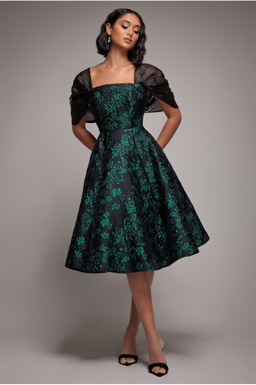 Goddiva Lace Up Jacquard Midi Dress With Organza Wings – Emerald Black