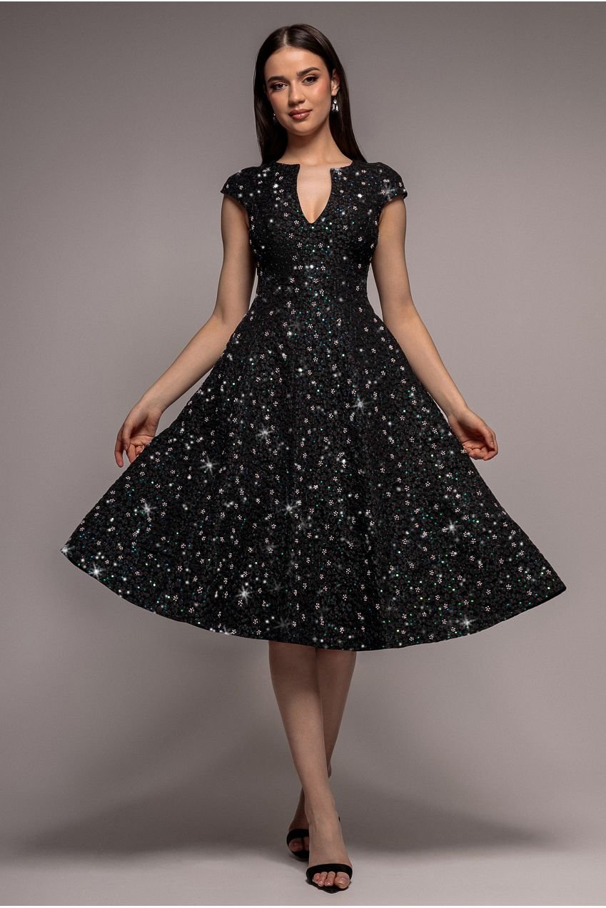 Goddiva Bead Embellished Jacquard A Line Midi Dress – Black