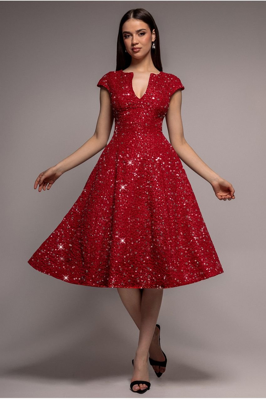 Goddiva Bead Embellished Jacquard A Line Midi Dress – Red