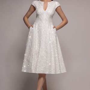 Goddiva Bead Embellished Jacquard A Line Midi Dress - White