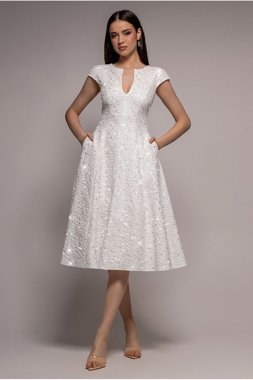 Goddiva Bead Embellished Jacquard A Line Midi Dress – White