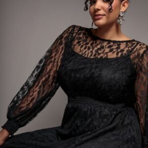 Goddiva Plus Lace Long Sleeve Shirred Waist Maxi Dress - Black
