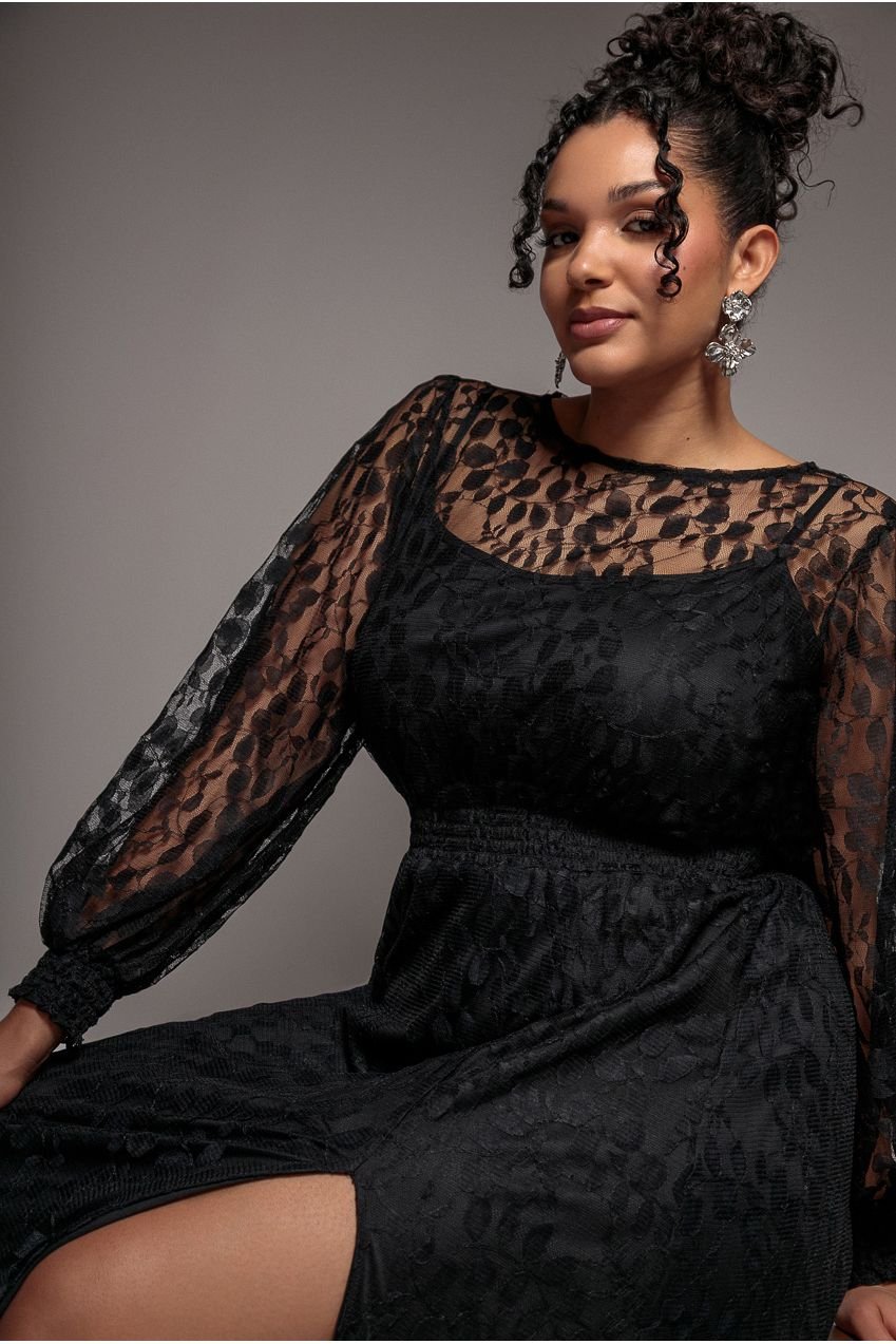 Goddiva Plus Lace Long Sleeve Shirred Waist Maxi Dress – Black