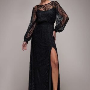 Goddiva Lace Long Sleeve Shirred Waist Maxi Dress - Black