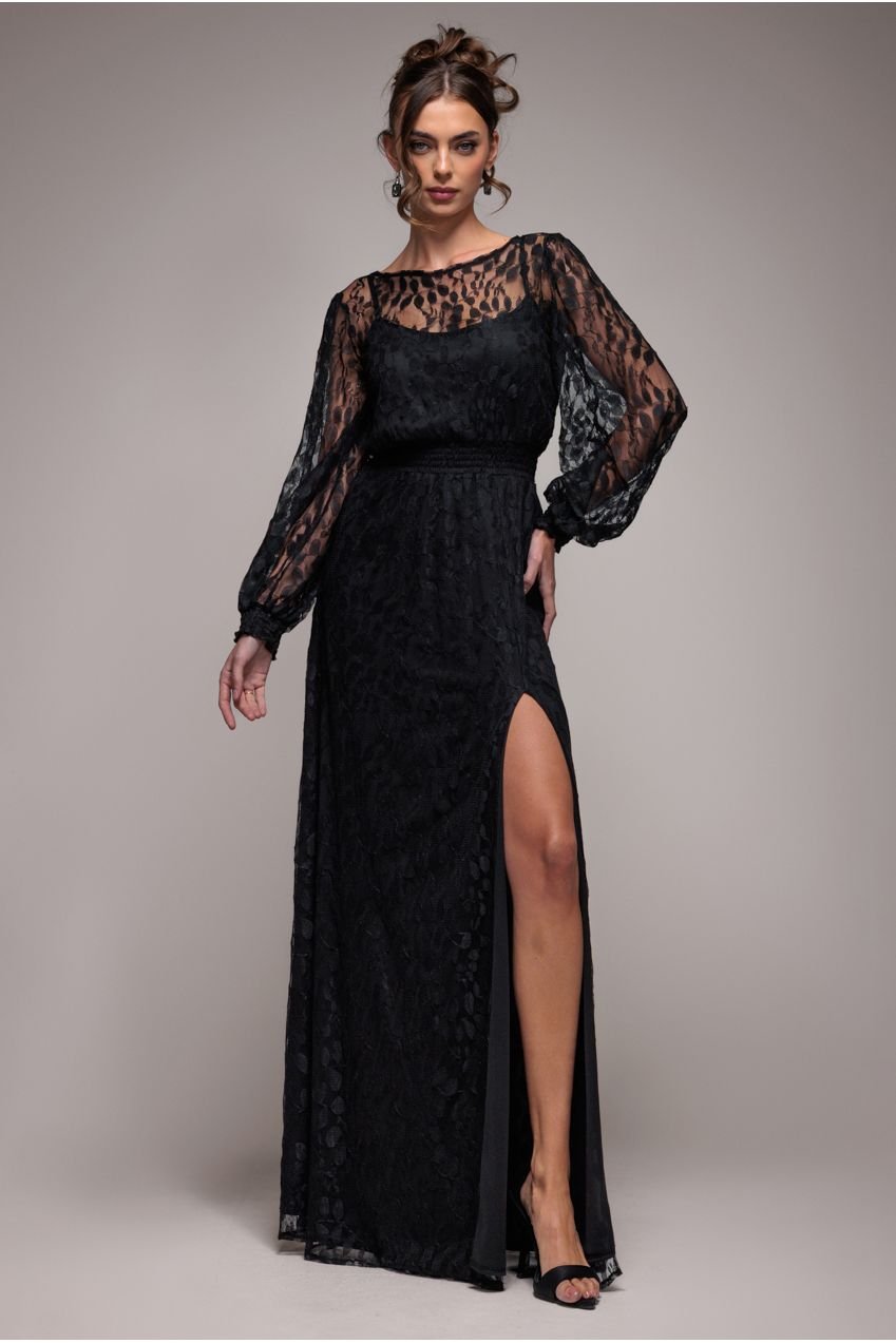 Goddiva Lace Long Sleeve Shirred Waist Maxi Dress – Black