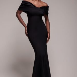 Goddiva Bardot Bow Neck Maxi Dress - Black