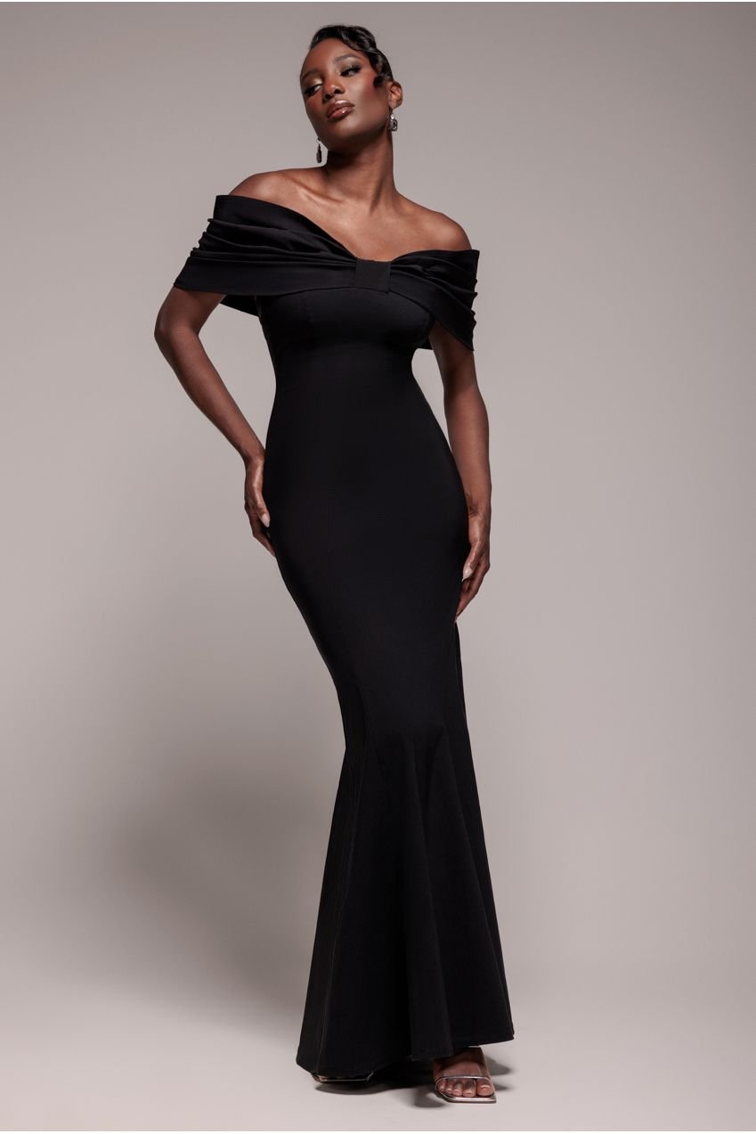 Goddiva Bardot Bow Neck Maxi Dress – Black