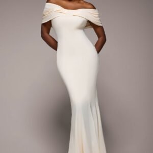 Goddiva Bardot Bow Neck Maxi Dress - Cream