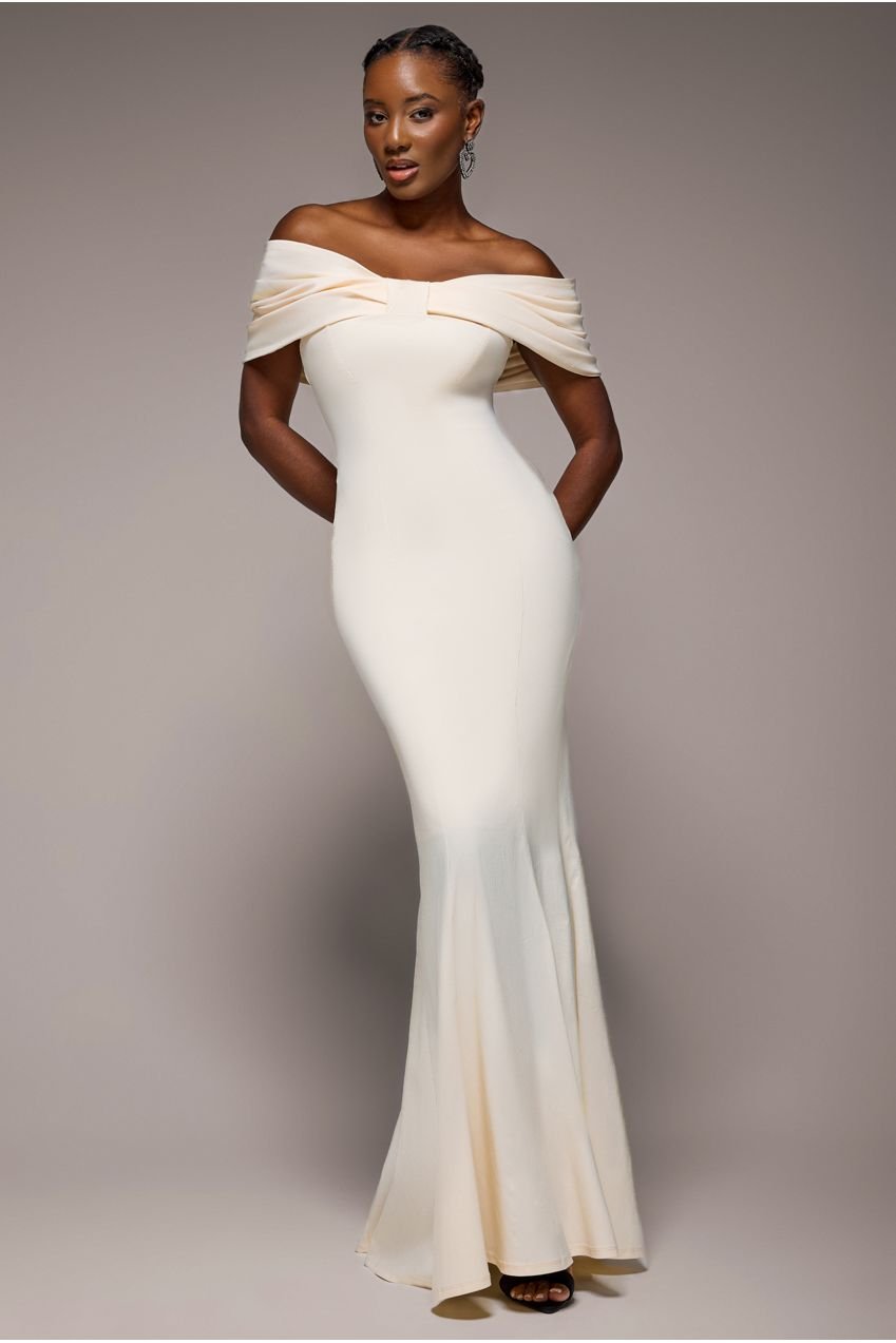 Goddiva Bardot Bow Neck Maxi Dress – Cream