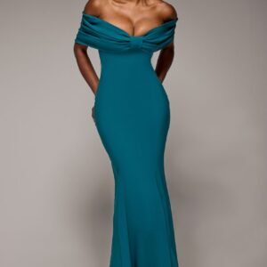 Goddiva Bardot Bow Neck Maxi Dress - Emerald Green