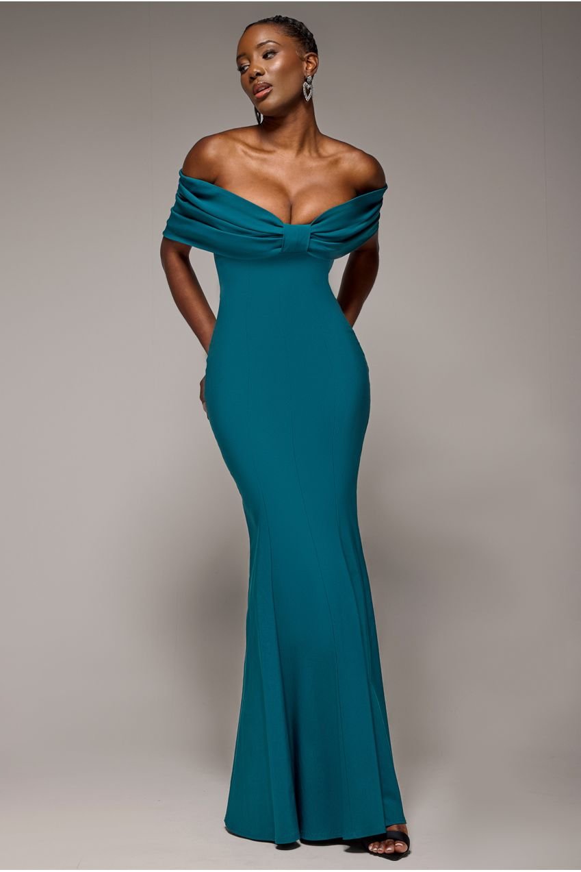 Goddiva Bardot Bow Neck Maxi Dress – Emerald Green