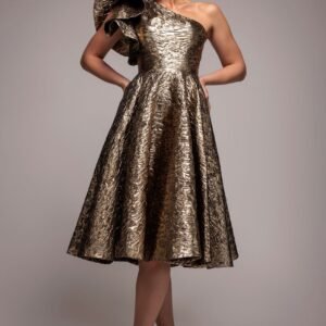 Goddiva One Shoulder Frill Jacquard Skater Midi Dress - Bronze Gold