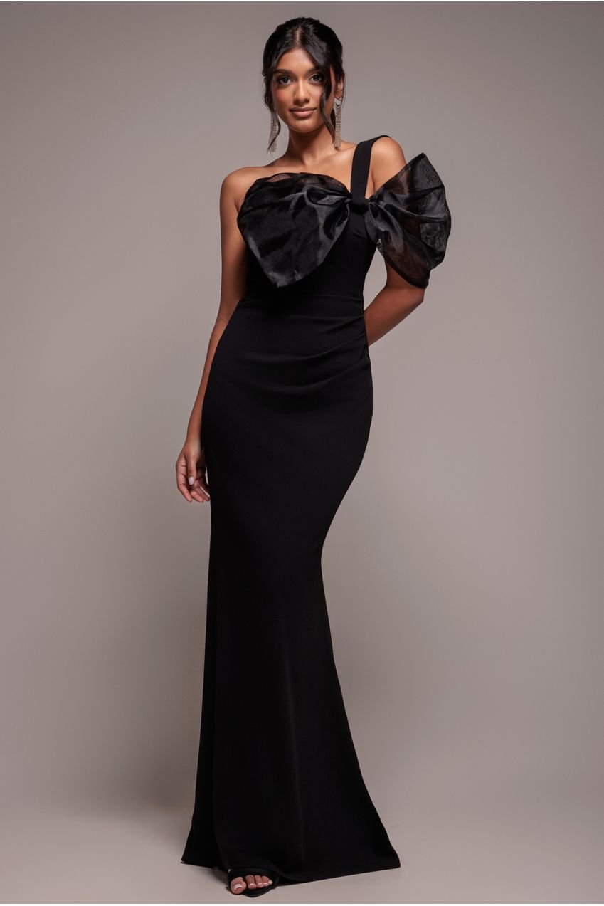 Goddiva Organza Bow One Shoulder Scuba Crepe Maxi Dress – Black