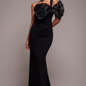 Goddiva Organza Bow One Shoulder Scuba Crepe Maxi Dress - Black